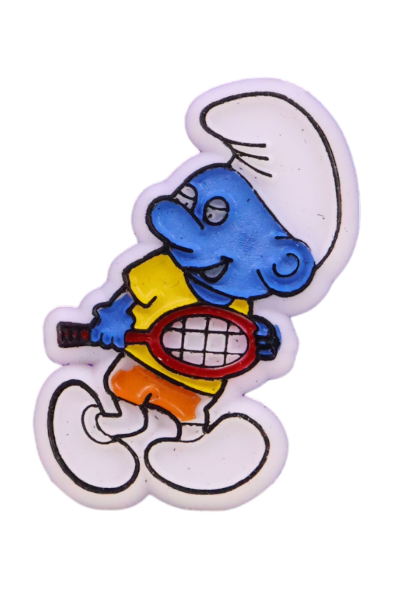 Vintage bootleg smurf tennis player brooch pin.