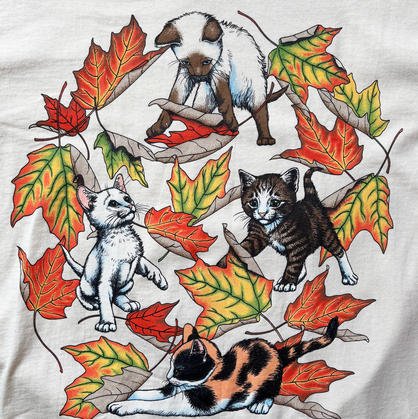 Vintage Cat themed shirt featuring kittens and leaves