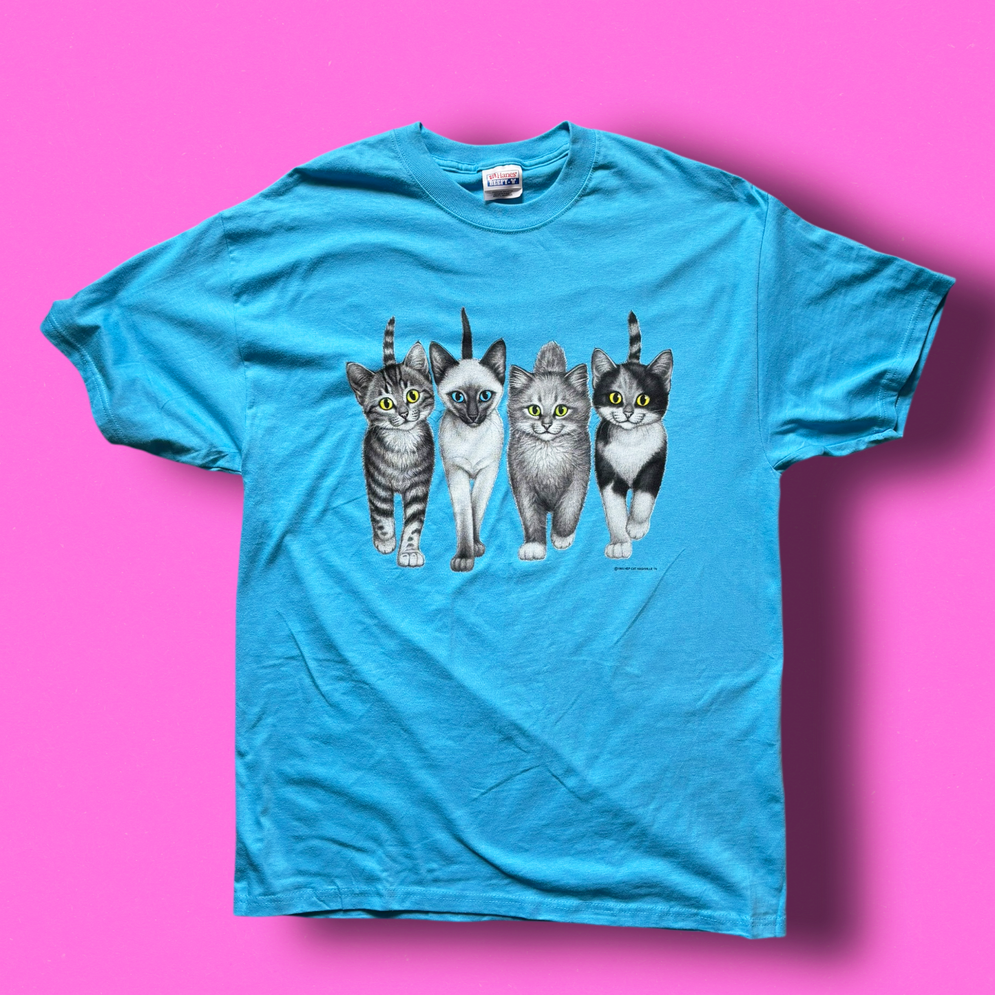 A blue t-shirt featuring a graphic print of four cats in a row on the front.