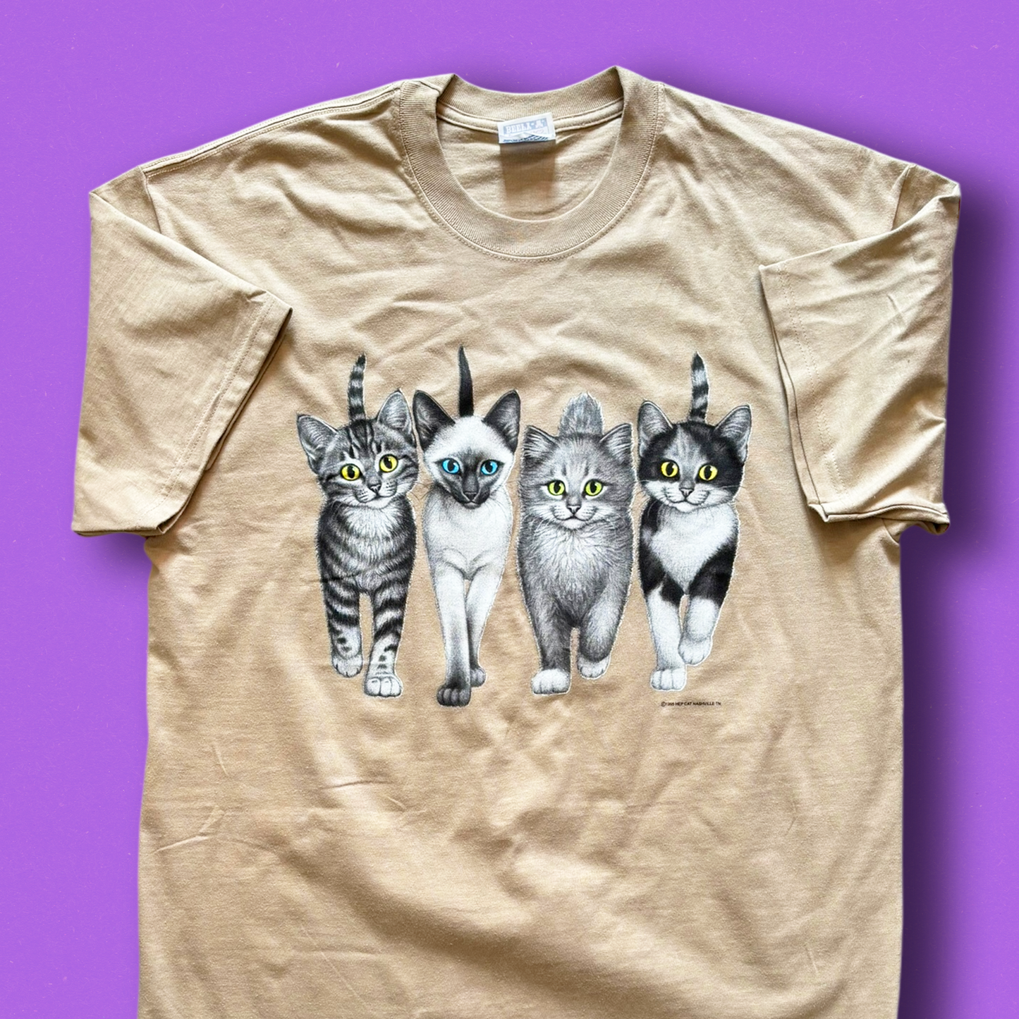 A beige t-shirt featuring a graphic print of four cats in a row on the front.