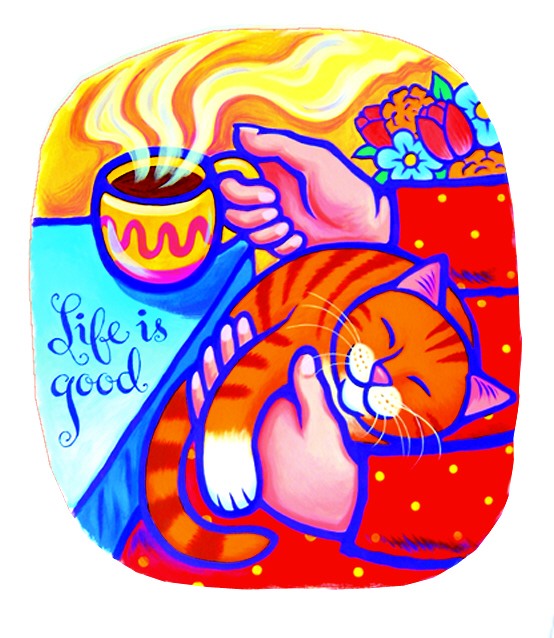 A colorful graphic t-shirt featuring a cat with a steaming cup of coffee and the phrase 'Life is good' on the sleeve. hep cat