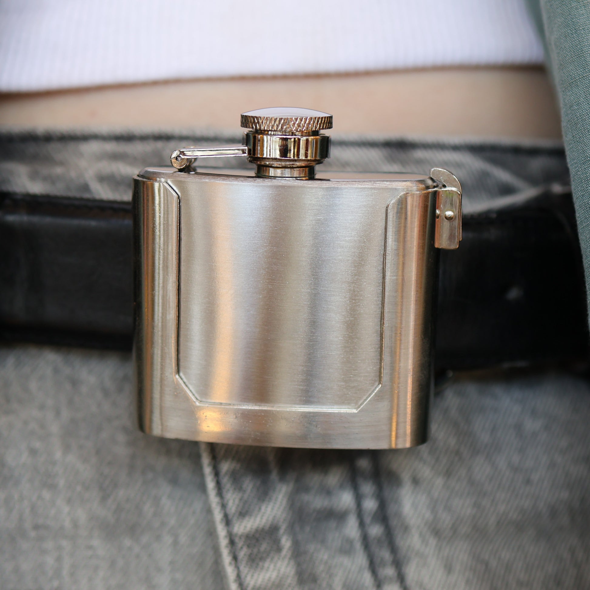 Vintage Silver Flask Belt buckle on belt removable and functional