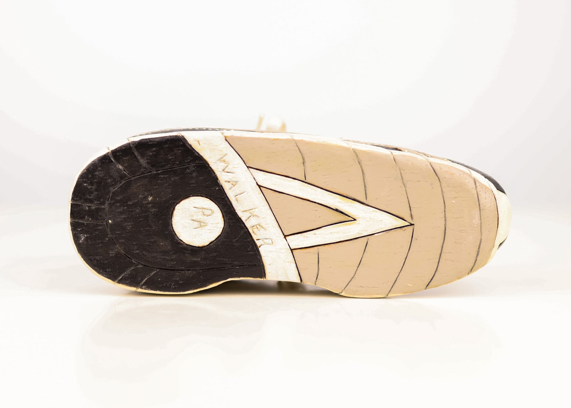 Vintage hand carved outsider art shoe sculpture bottom view