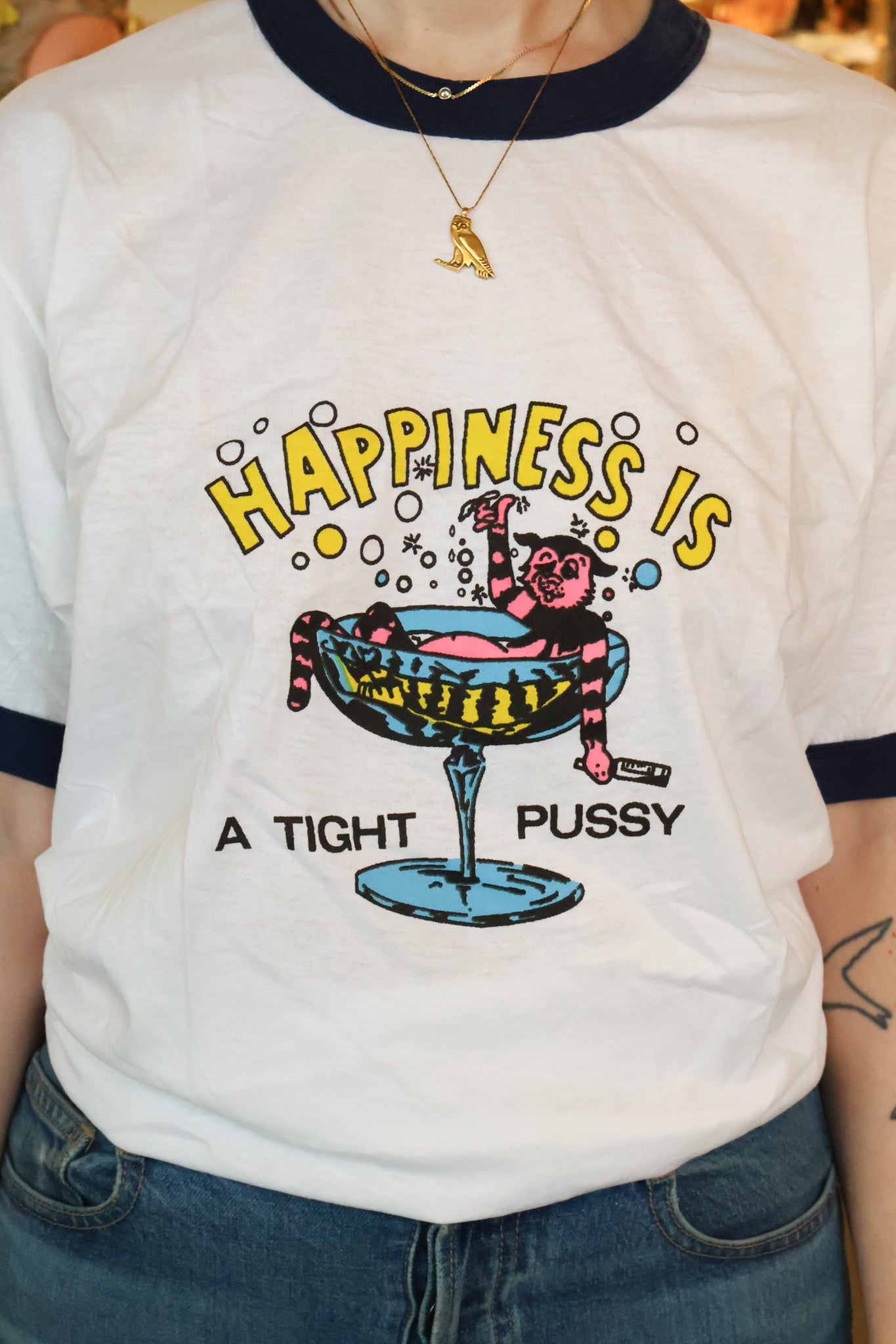 Vintage Naughty Happiness is a Tight P*ssy  novelty Ringer Tee shirt - deadstock nos